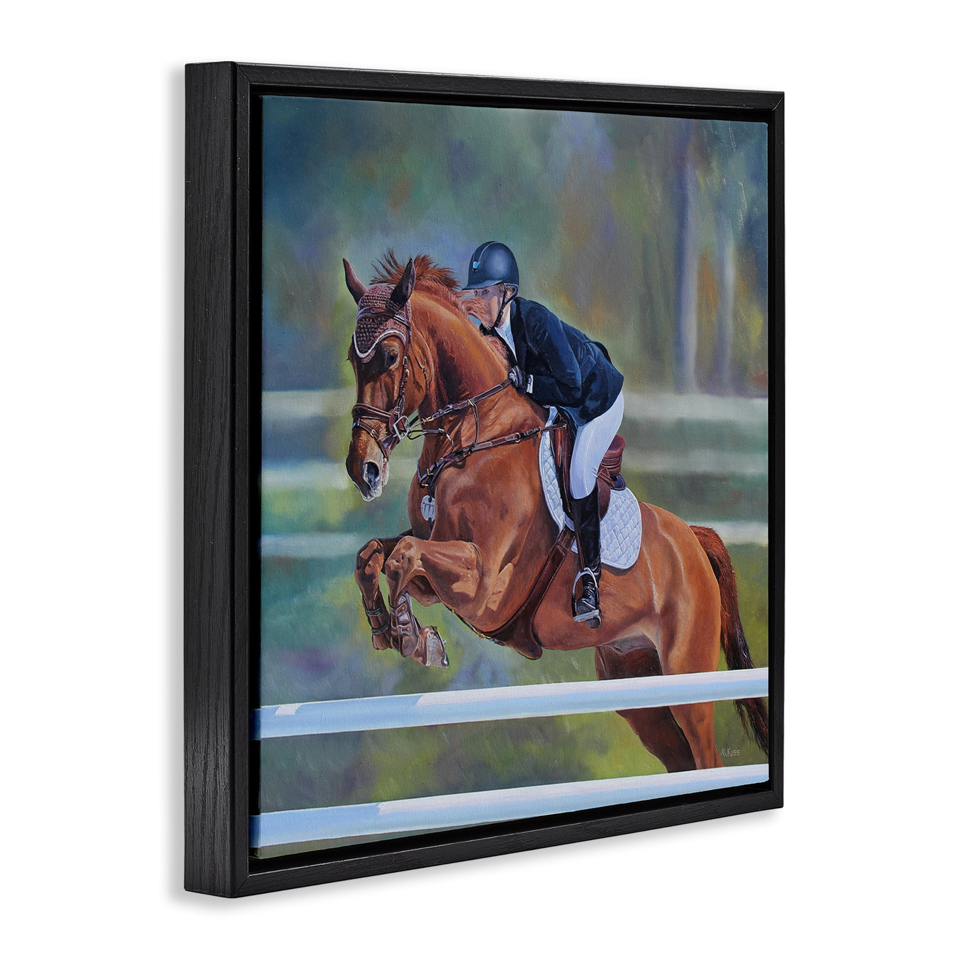 Stupell Industries Jockey Jumping Hurdles Sports Painting Black Floater Framed Canvas Art Print Wall Art, 18 x 18