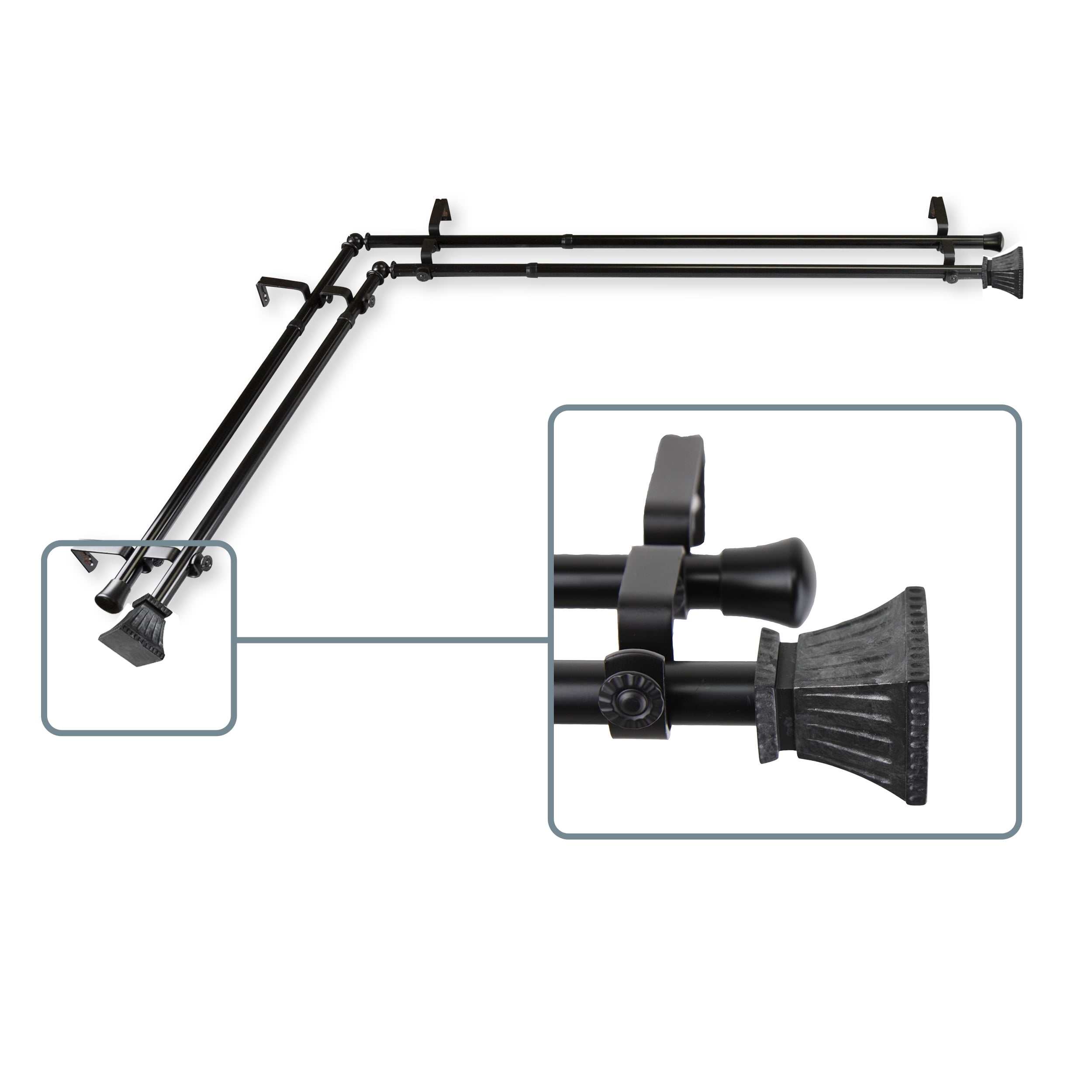 Aldo 13/16 inch Double Corner Window Curtain Rod 120-170" - Black
