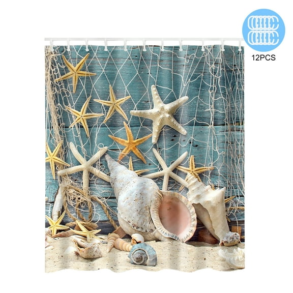 Hotel Home Sea Shell Shower Curtain Waterproof Fabric Washable Beach Curtain 71" x 71" for Bathroom Decor with 12 Hooks Christmas Gifts