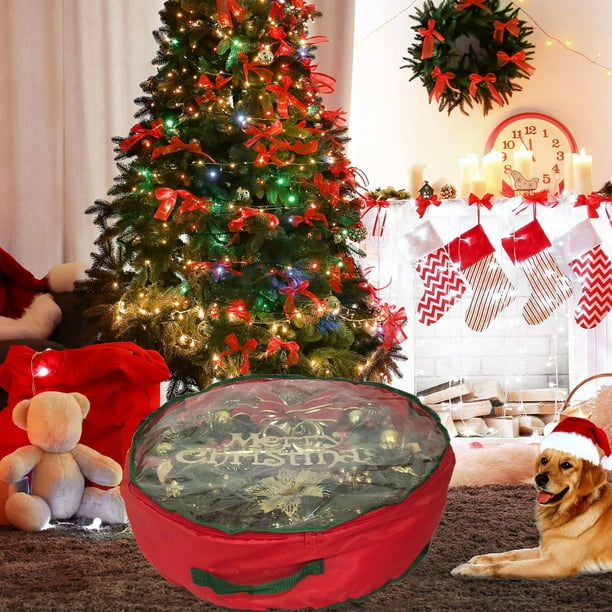 pstuiky Bolsa organizadora redonda para coronas navideñas, con un lado transparente de tela de mimbre y caja de almacenamiento de PVC.