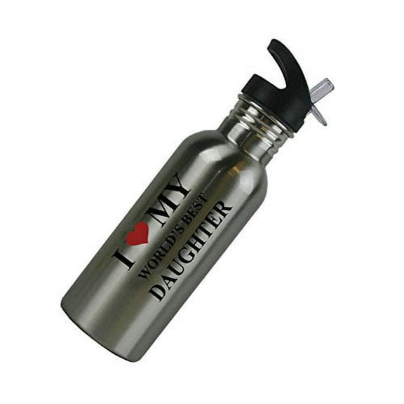 I Love My World's Best Daughter Stainless Steel Silver 20 Oz (600mL) Water Bottle with Sport Top, Straw