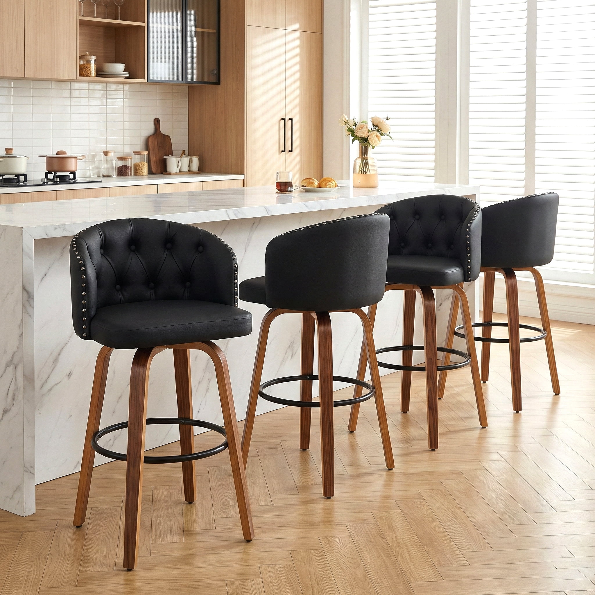 Fahomiss 28" Swivel Bar Stools with Back Set of 4, Leather Farmhouse Bar Height Stools, Black