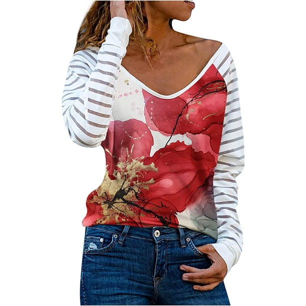 Mujeres Primavera Moda O-cuello Raya Suelta Impreso Patchwork Blusa Tops Pullover Fridja FKASFK143