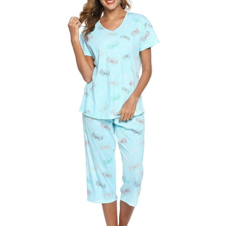 

Voguele Ladies Pajamas Sets V Neck Sleepwear Dragonfly Print Nightwear Summer Lounge Set Baggy 2 Pieces Outfits Sky Blue 2XL