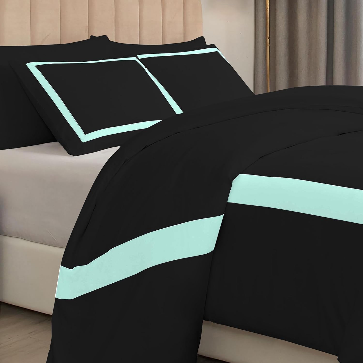 DNG Creations 5 Piece Full Black And Auqa Blue Border Line Pattern Duvet Cover - 100% Egyptian Cotton, 800 Thread Count ( California King )