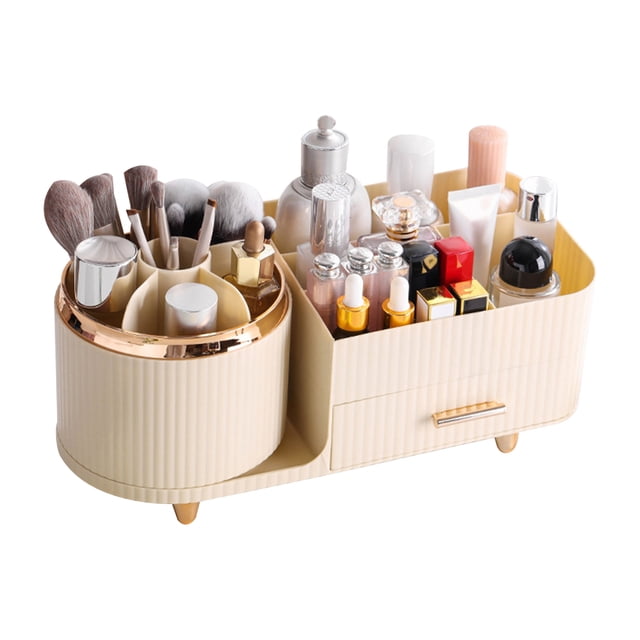 yeacher Elegant Rotating Makeup Storage Box with Divided Compartments and Drawer for Vanity Organization, Cream White, Durable Design for Cosmetics and Accessories