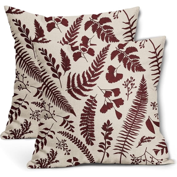 Burgundy Leaf Plant Pillow Covers 20X20 Inch Set of 2 Tropical Fern Herbs Botanical Leaves Floral Decorative Pillow Cases Vintage Cushion Case Farmhouse Home Decor for Couch Sofa Porch Outdoor