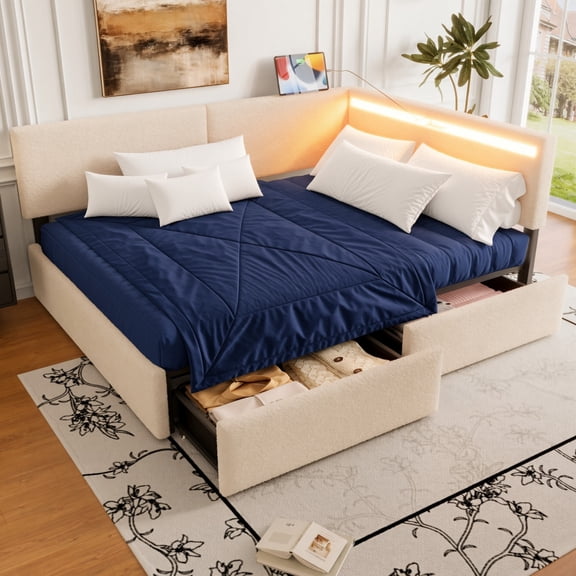 Full Upholstered Daybed Frame with Headboard, 2 Storage Drawers, LED Lights & USB Charging, Solid Wood Slats, No Box Spring, Beige