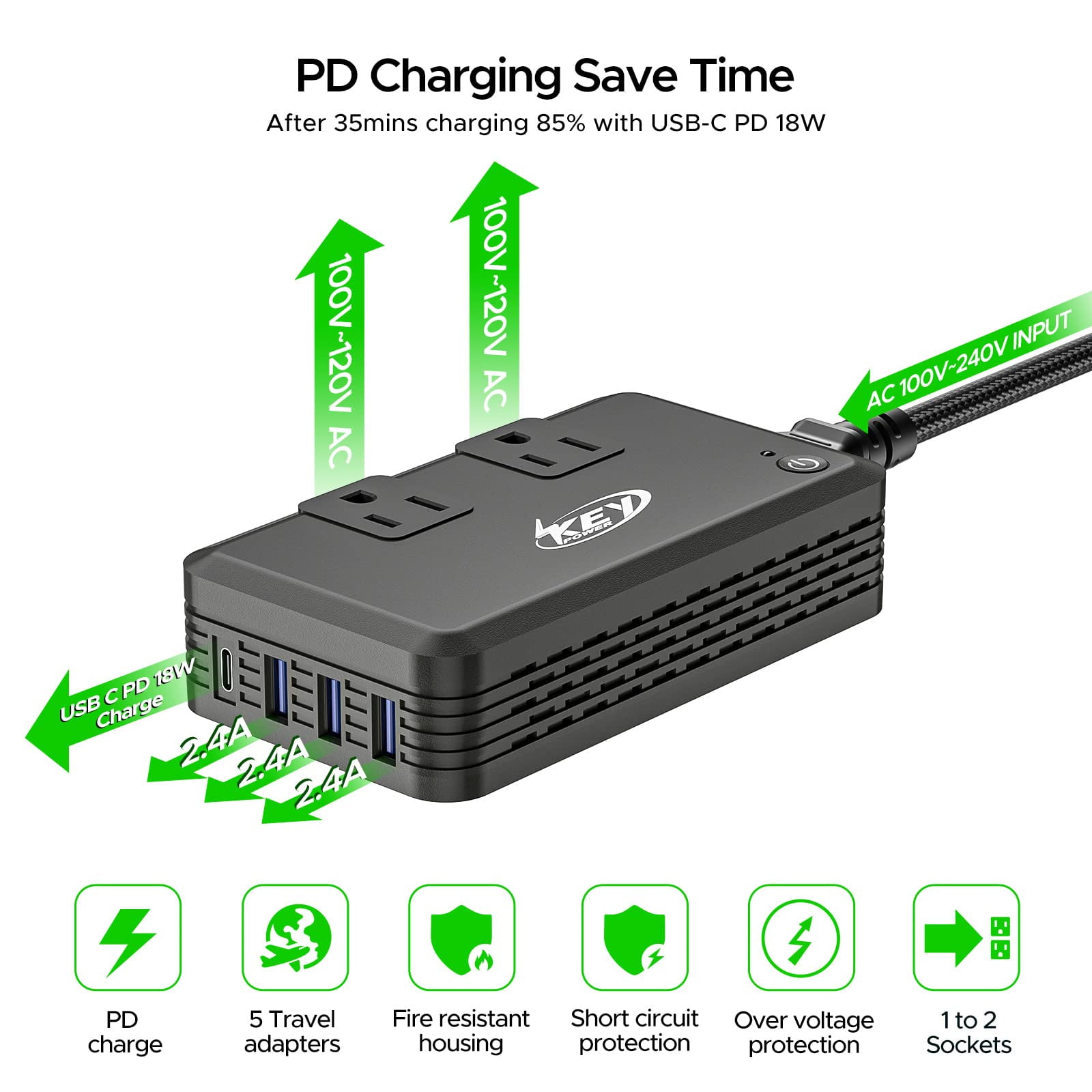 Key Power International Power Converter Travel Kit - 230w Voltage Converter 240V/220V to 120V/110V Travel Adapter Use for USA Appliance Hair Straightener, Overseas in Europe, Australia, UK, Italy