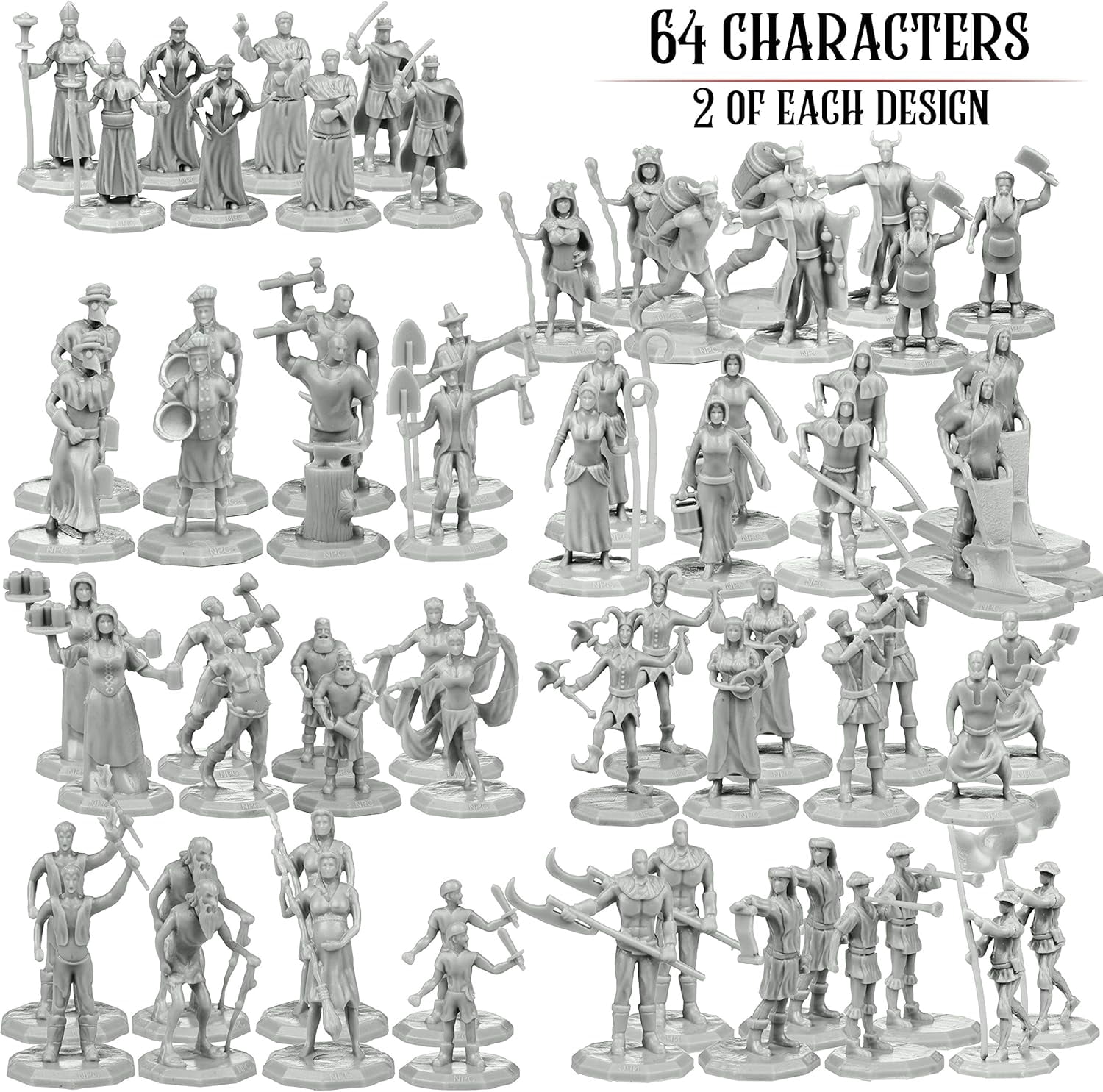 Monster Townsfolk Mini Fantasy Figures Set- 64 NPC Miniatures - 1" Hex Nobility, Merchants, and More - Compatible with DND Dungeons Dragons, Pathfinder, RPG Tabletop-Games - Great Gift Idea