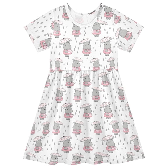 joogoo Cartoon Hippo in Rain Girls' Short Sleeve Dress Kids Dresses 5-6T