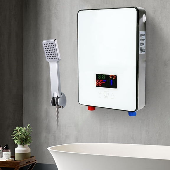 Miumaeov 110V 6500W Electric Tankless Instant Water Set with LCD Display Heater Over-Temperature Protection for Bathroom Kitchen Wall or Floor Mounted White