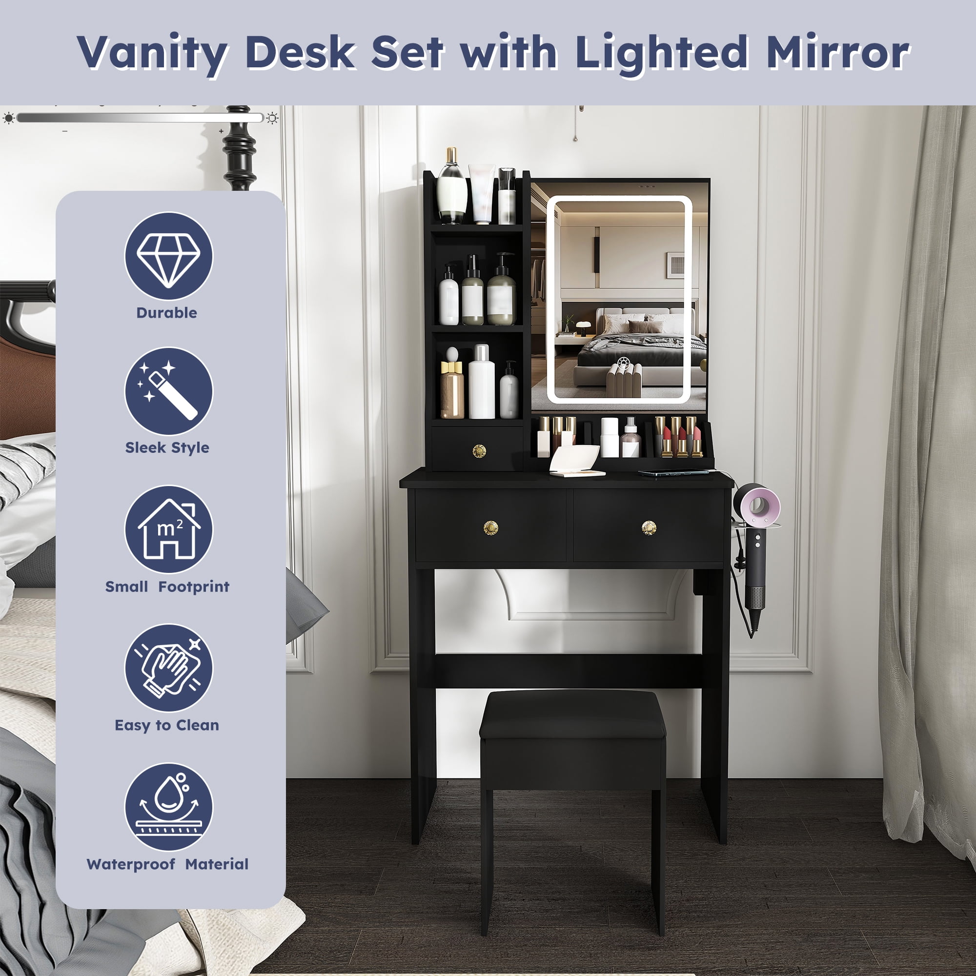 Mintazer Modern Vanity Desk Set with LED Lighted Mirror & Stool, Makeup Vanity with Power Outlet, Hair Dryer Holder, 3 Drawers & Open Shelves, Black