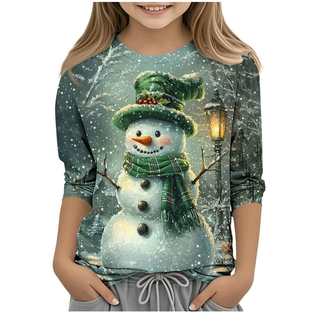 YUNAFFT T-Shirt de Noël Garçons & Filles 3-12 Ans Imprimé Bonhomme de Neige Manches Courtes Col Rond Décontracté Extensible Polyester Spandex Mélange Haut
