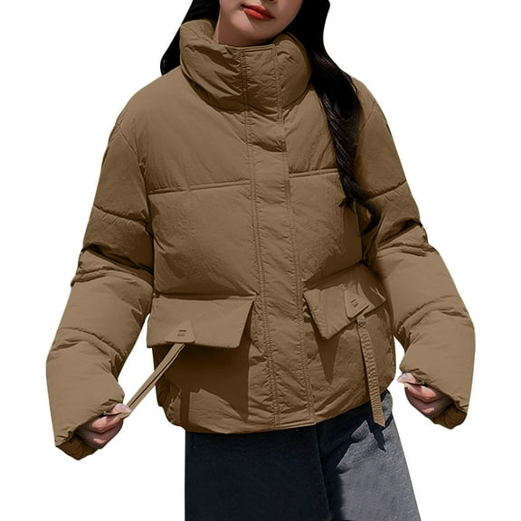 Drses Women's Winter Long Sleeve Zip Puffer Jacket Stand Collar Baggy Short Coats with Pockets