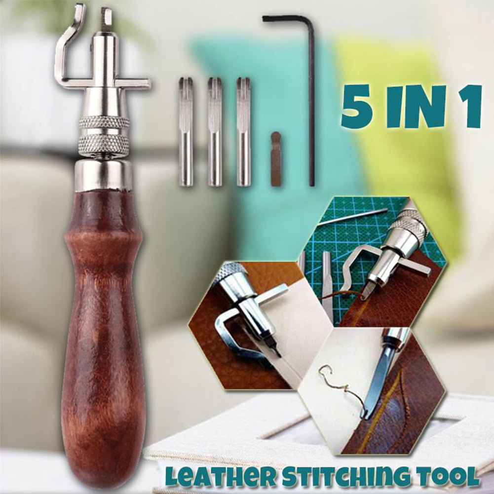 1 Set Wood Handle Steel Stitching Awl with Edge Slicker for Leather Sewing 