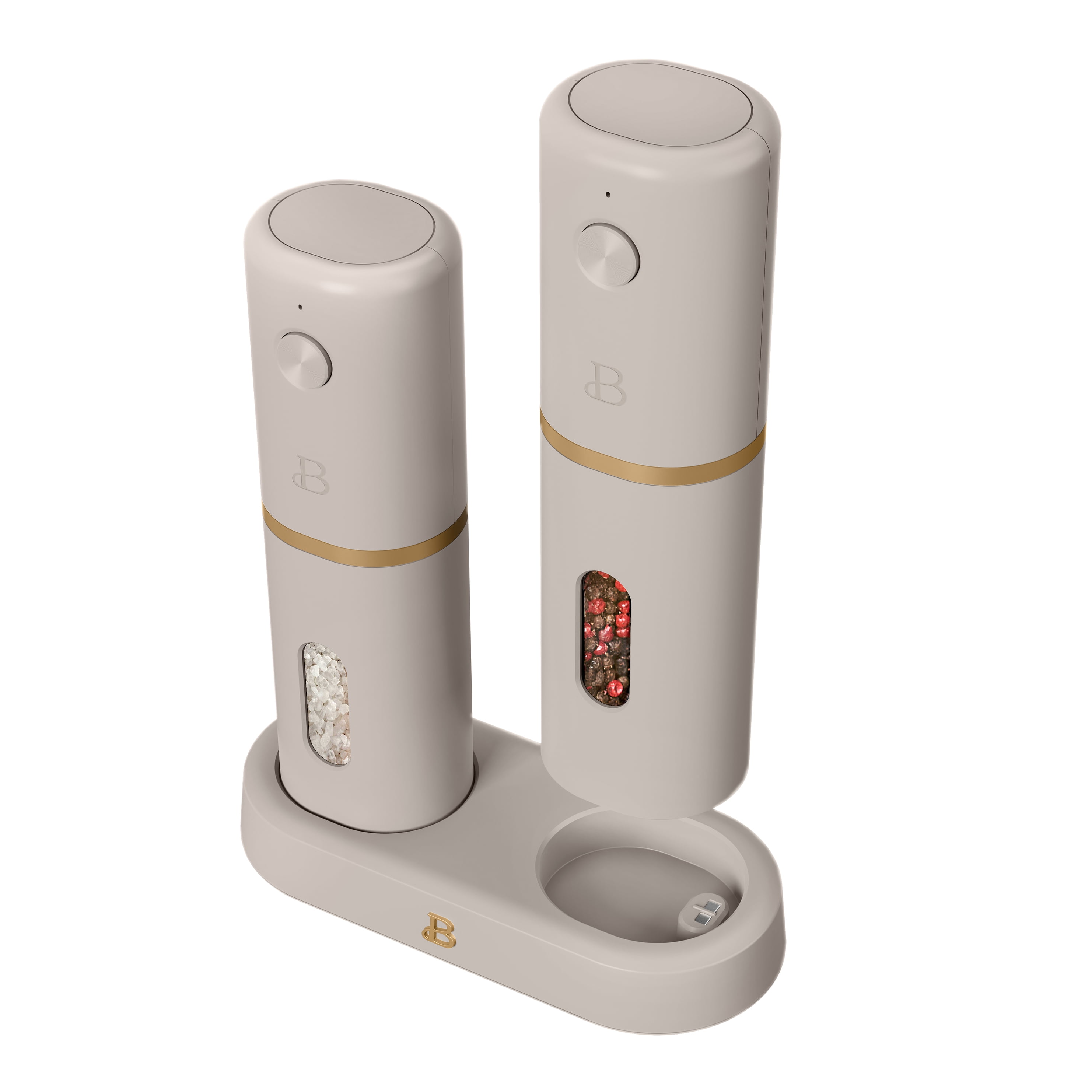 Beautiful 3-Piece Rechargeable Electric Salt and Pepper Grinder Set with Charging Base, Porcini Taupe by Drew Barrymore