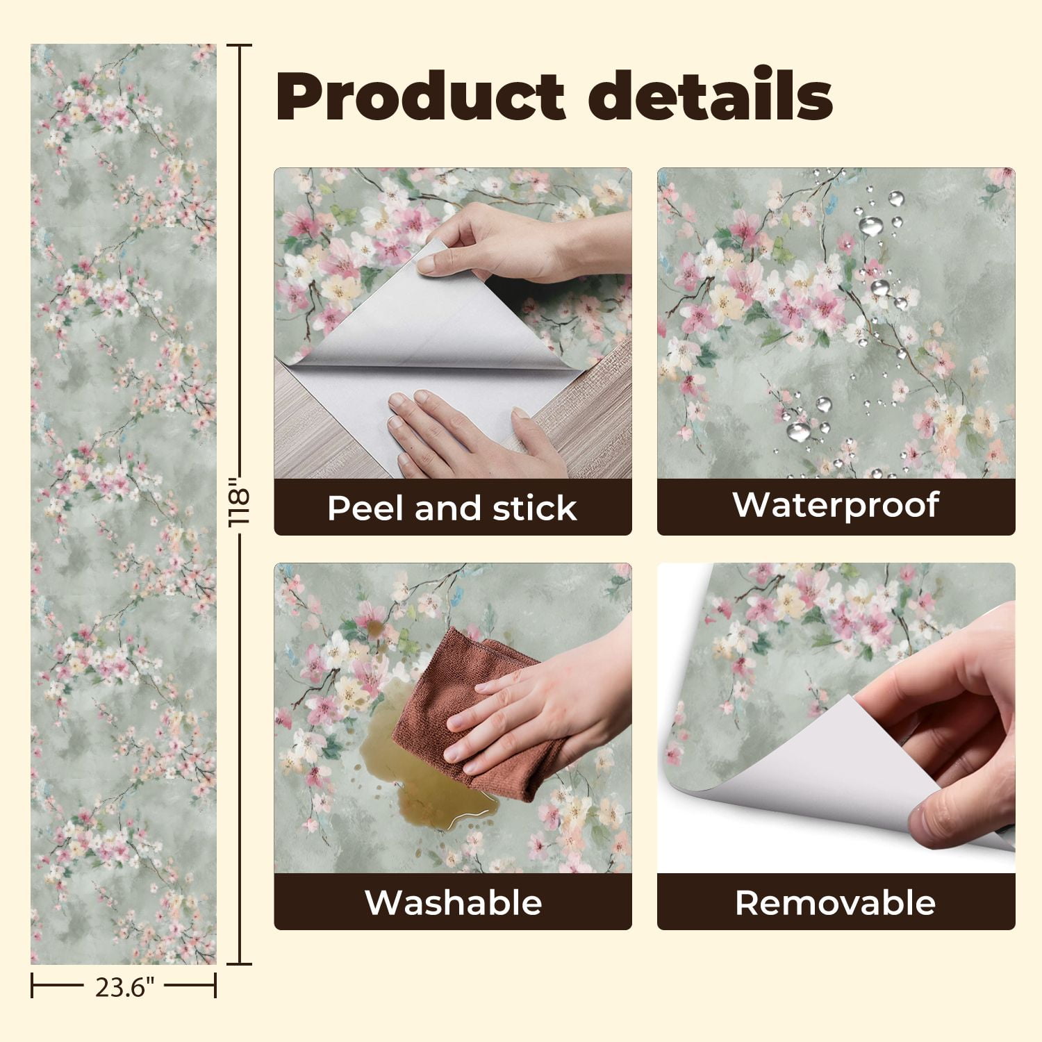 Vintage Peel and Stick Wallpaper 23.6in x 9.8ft Soft Pastel Blossom Floral Pink White Flowers Light Gray Contact Paper Vinyl Waterproof Self Adhesive Wall Paper for Bedroom Shelf Cabinet