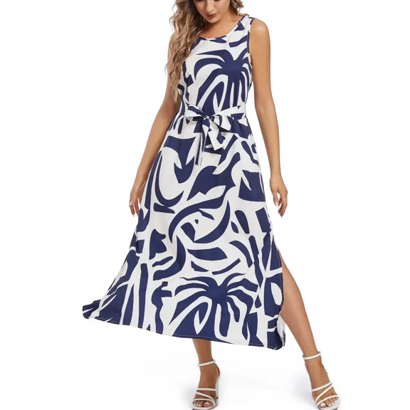OYYN Women's Blue White Tropical Palm Leaf Print Sleeveless Maxi Dress Belted A-Line Summer Dress with Pockets for Beach Vacation