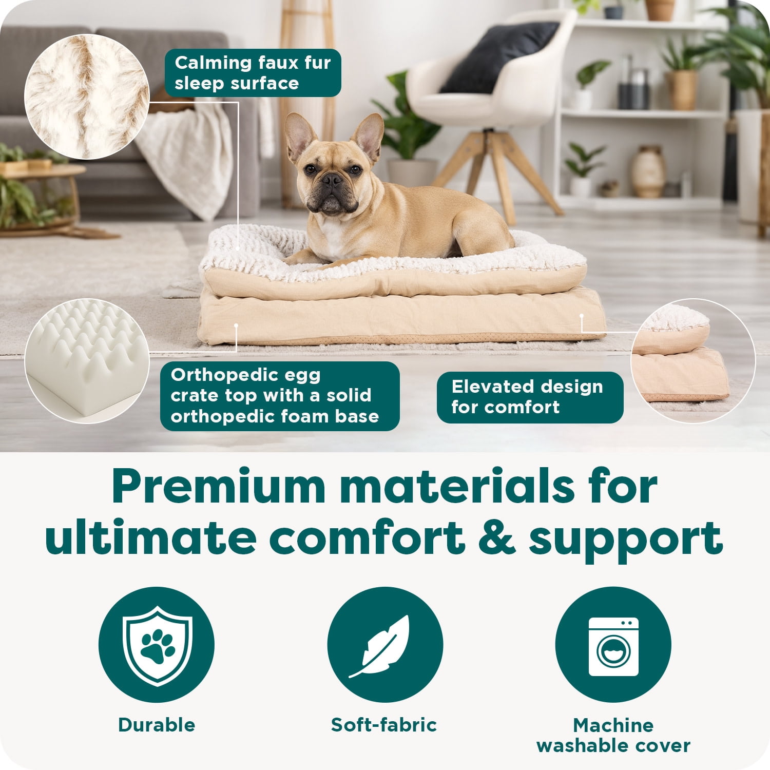 FurHaven Pet Products Medium Embossed Faux Fur & Suede Pillow Top Mattress Dog & Cat Bed, Taupe