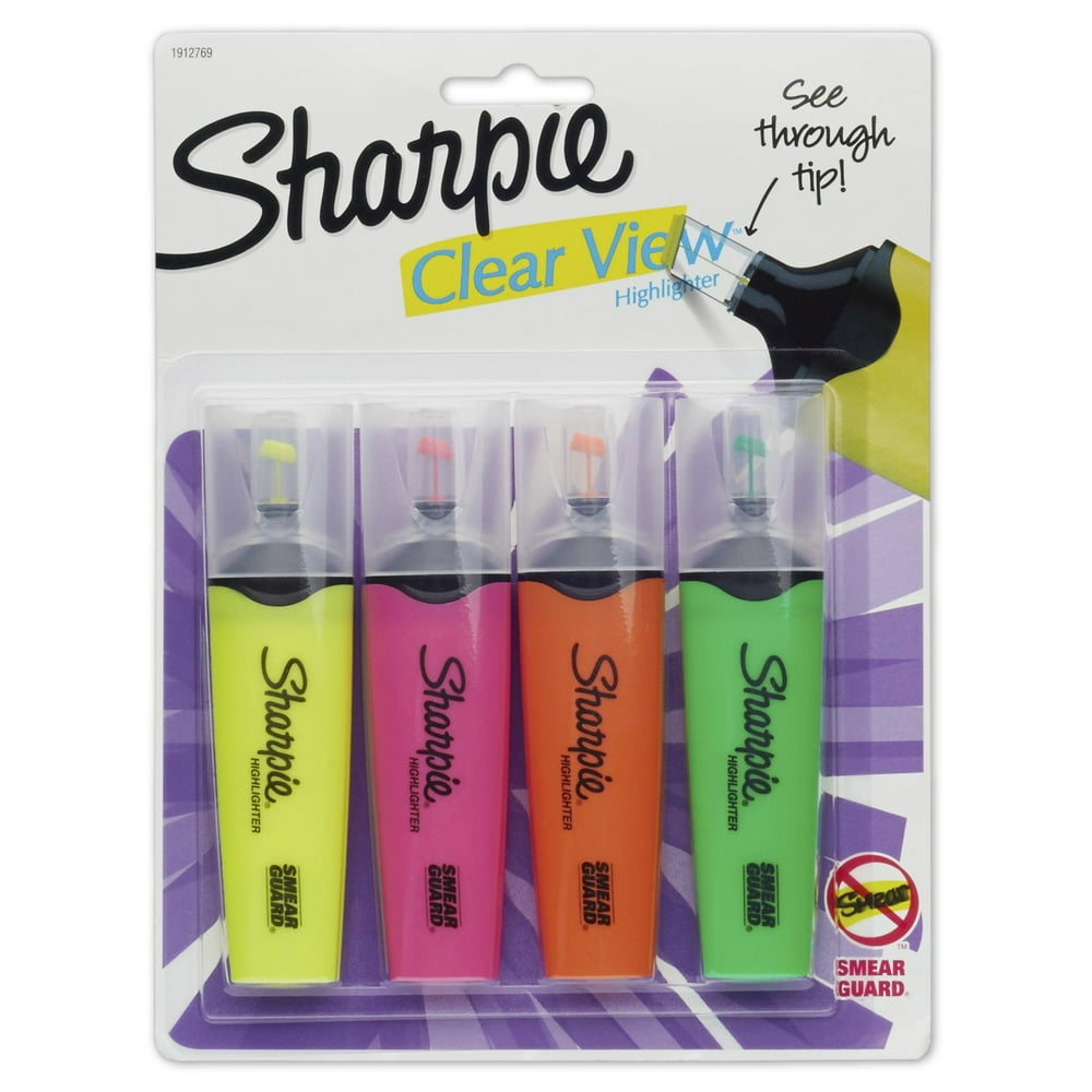 Sharpie Clear View Highlighters, Chisel Tip, Assorted Colors, 4 Count
