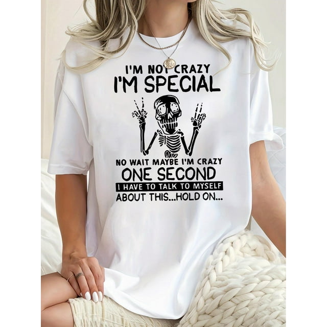 T-Shirt Imprimé Crâne Amusant pour Femmes - Col Rond Décontracté, Manches Courtes, Mélange Polyester Extensible, Lavable en Machine - Parfait pour l'Été et la Mode Quotidienne