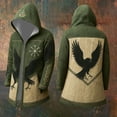 thumbnail image 2 of Viking Long Hoodie Cardigan Print Hooded Sweatshirt Style Sweater Relaxed Fit Open Front Army Green L, 2 of 5