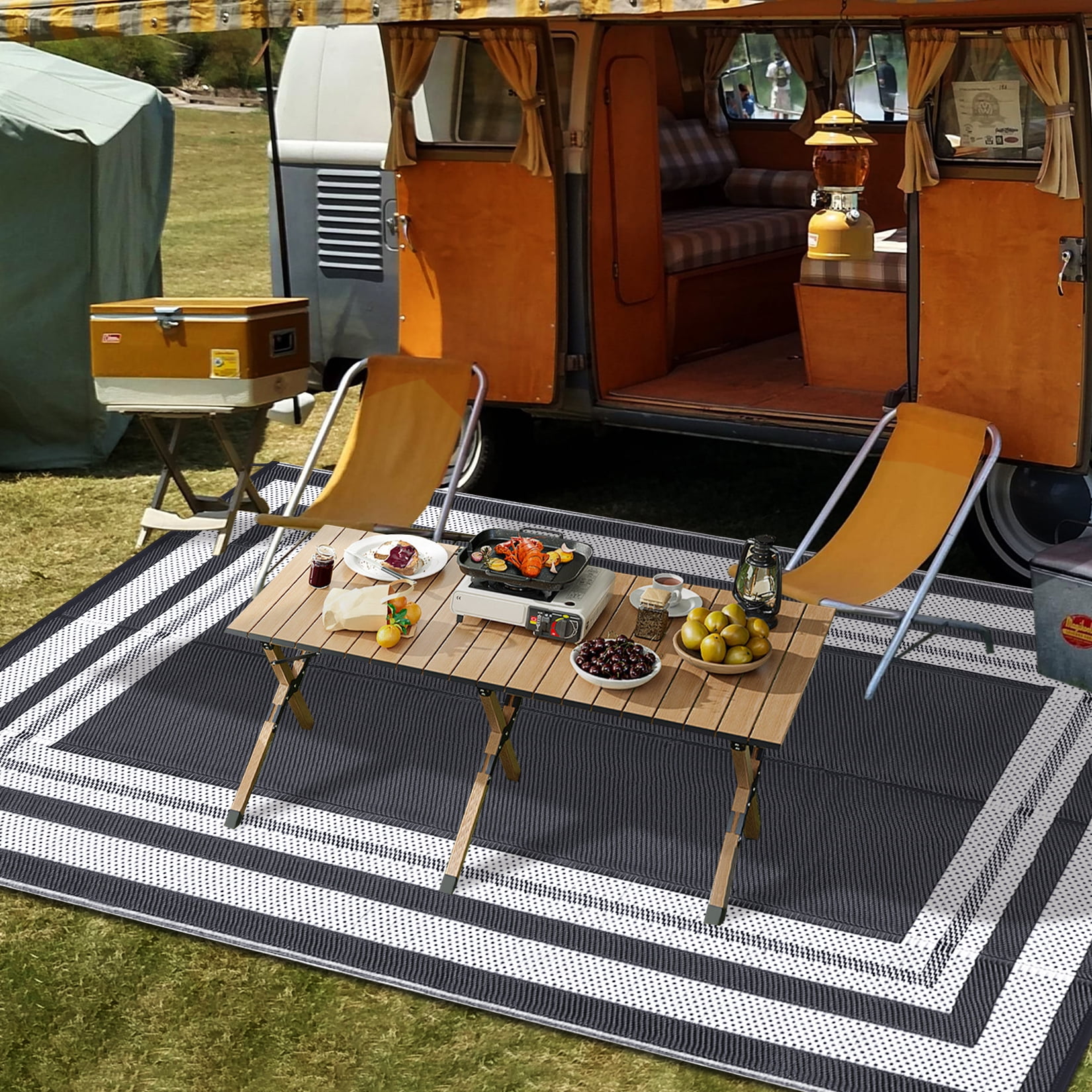 GlowSol 9'x12' Outdoor Rug Plastic Patio Rug Plastic Straw Waterproof Rug Modern Bordered Reversible Camper Rug for RV Backyard Deck Picnic Beach, Gray White