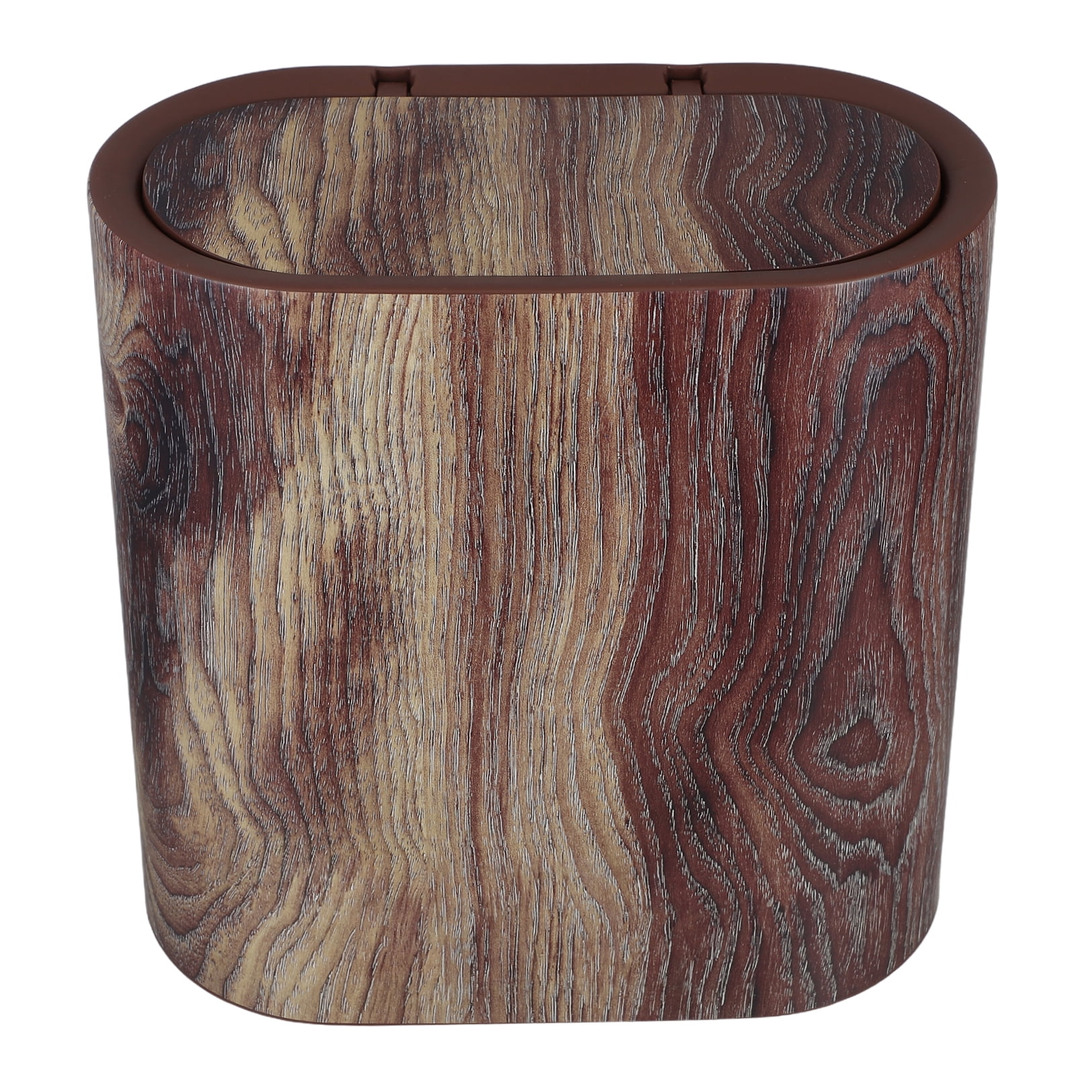 Space Saving Wood Grain Plastic Trash Can With Lid For Bathroom Kitchen Living Room And Office Compact Waste Container For Small Spaces