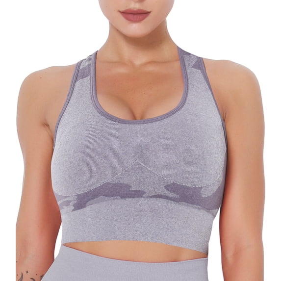 QRIC Racerback Sports Bra for Women - High Impact Wire Free Camo Pattern Activewear Tops