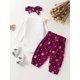 thumbnail image 3 of Conjunto de otoño para bebé niña: pelele de manga larga con pantalón con cinturón y estampado floral, y diadema., 3 of 7