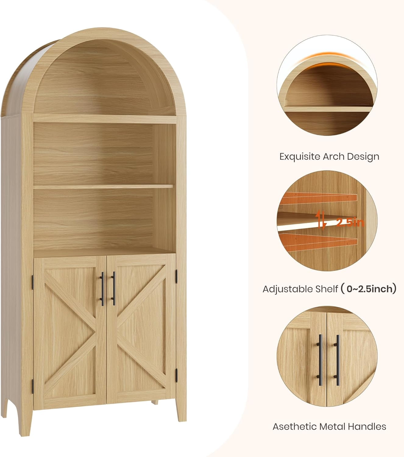 BouPower Arched Pantry Cabinet with Open Display Shelf,Kitchen Cabinet with Doors,Versatile Cupboard for Kitchen Dining Room