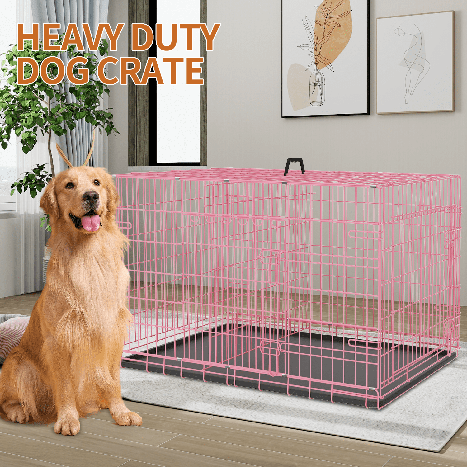 Dkelincs 48 inch Large Dog Crate Portable Foldable Dog Cage with 2 Doors, Handle, Plastic Tray, XXL Dog Kennel for Medium Large Puppy, Pink
