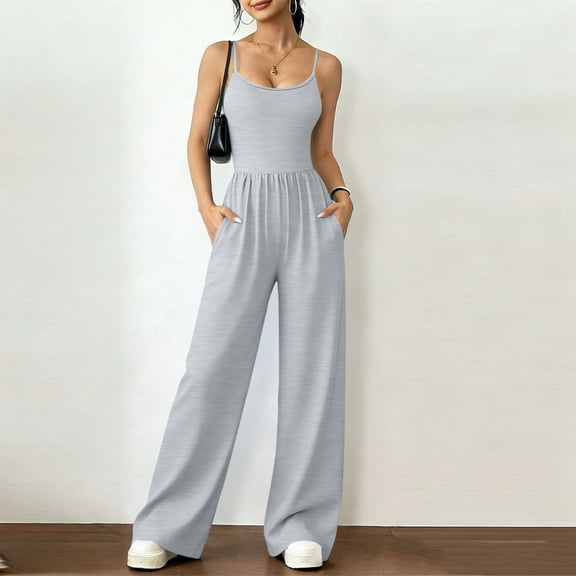 Jumpsuits for Women Sleeveless Spaghetti Strap Womens Jumpsuit One Piece Wide Leg Summer Romper With Pockets Light Gray S