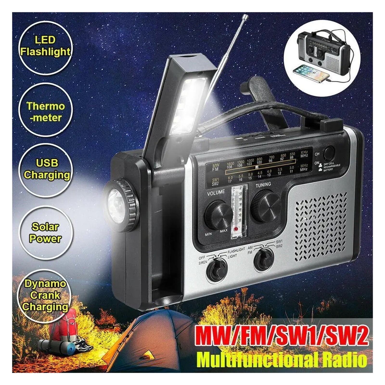 Multifunctional Outdoor SOS Emergency Flashlight Solar Hand-Cranked Power Generation Radio Weather Broadcast