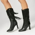 thumbnail image 4 of Women Boots Mid-Calf Fringe Boot Stiletto Pointed Toe Cowboy Boot with Side Zipper (Black 40), 4 of 7
