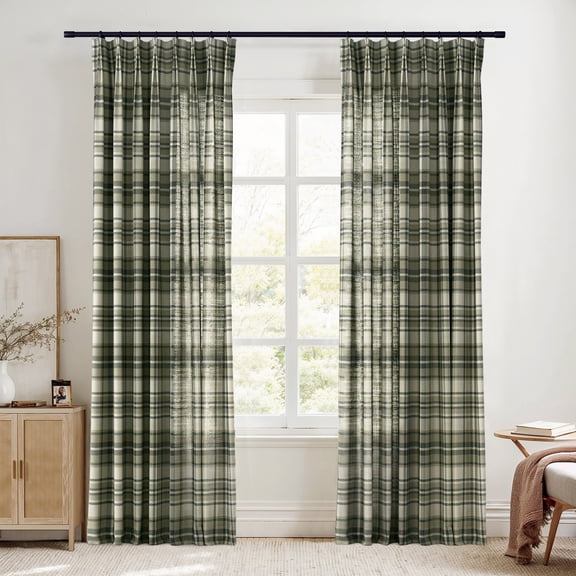 TWOPAGES Pinch Pleated Curtain 52 X 63 Inches Long 1 Panel Linen Blend Light Filtering Plaid Print Curtain for Living Room, Latte