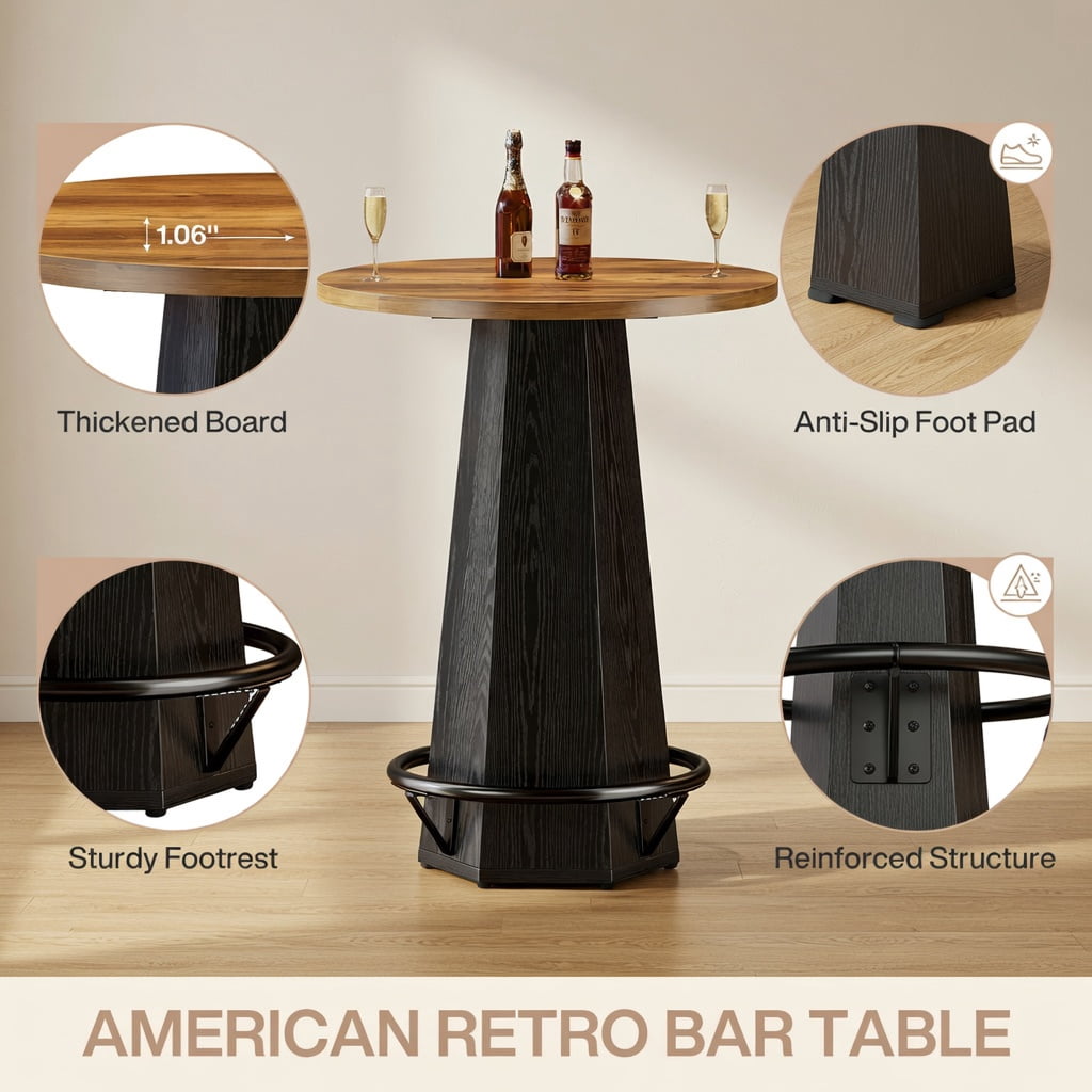 Hommoo 31.5 Inch Round Bar Table with Hexagonal Base & Metal Footrest, Industrial-Style Bistro Pub Cocktail Table for Home Bar, Cafe, or Kitchen Island, Black