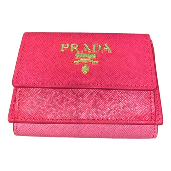Prada Tri-Fold Saffiano Wallet Womens Pink Multicolor Gold Prada Logo