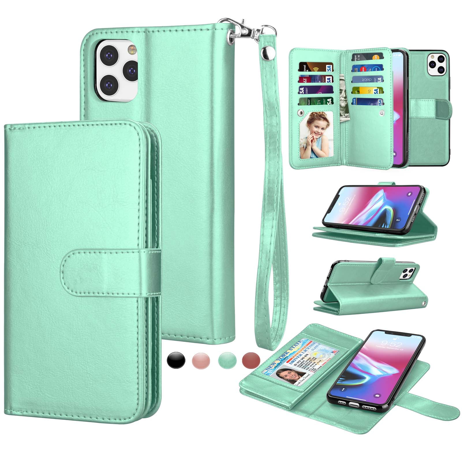 Case for iPhone XR Flip Case Slim PU Leather Wallet Case Rose Embossing Shockproof Folding Stand Cover with Credit Card Holder for iPhone XR,Green Magnetic closure