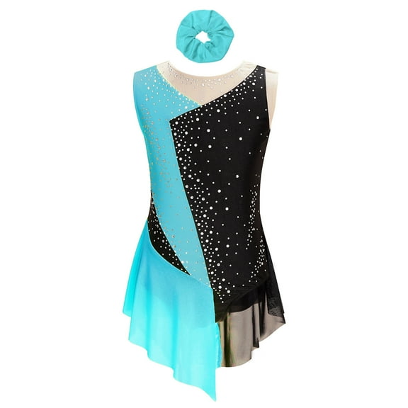 Sholeno Kids Girls Athletic Skating Dance Dress Sleeveless Sparkly Bodysuit with Hair Band Competition Dancewear Blue Green 12
