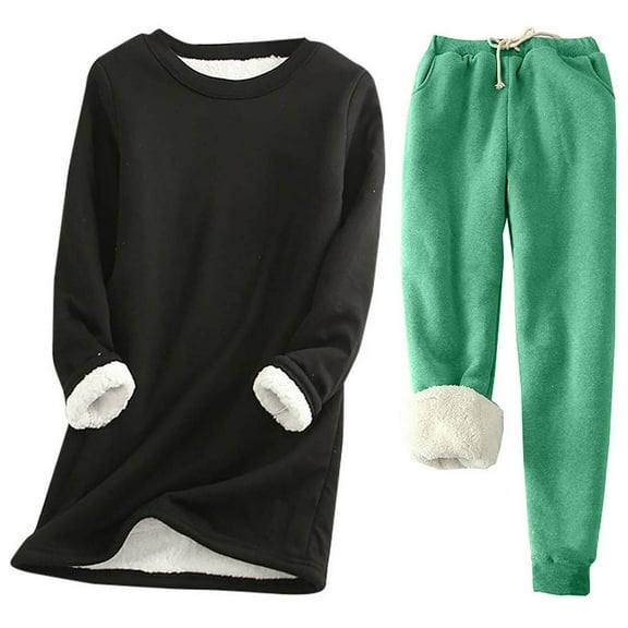 Oksale 2 PC Outfits for Women Plus Size Fleece Lined Sweatshirts Set Matching with Pockets Elastic Drawstring Sweatpants Baggy Warm Winter Loungewear Green M
