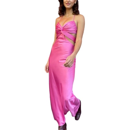 

Qiylii Women Halter Neck Dresses Pleated Chest Tie Up Backless Solid Color Sleeveless Cutout Waist Gown Dress
