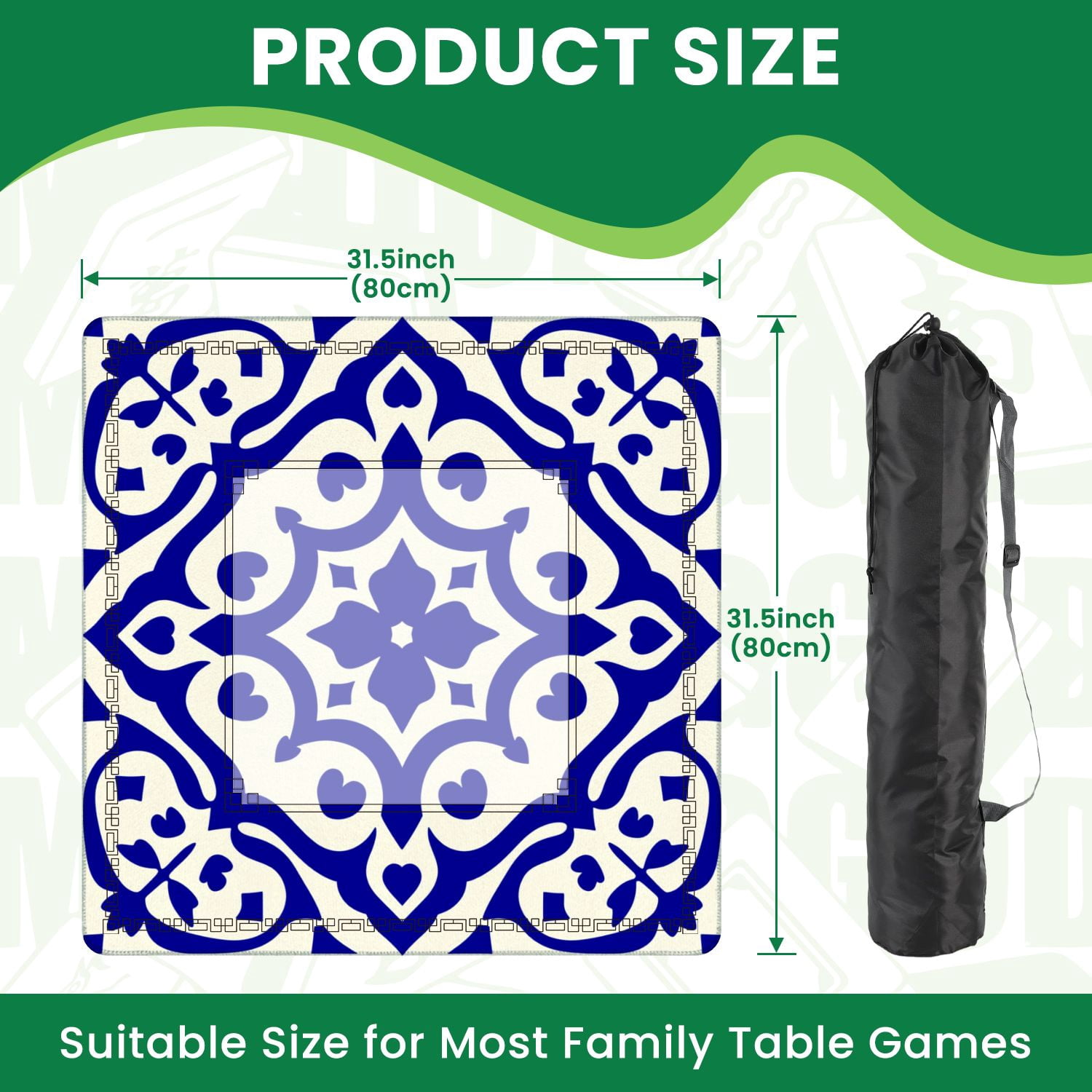 Mahjong Mat 31.5" x 31.5" Blue White Ornamental Tile Symmetrical Floral Heart Motifs Non-Slip Noise Reduction American Mahjong Tiles Table Cover for Dominoes Poker Card Board Games Gift