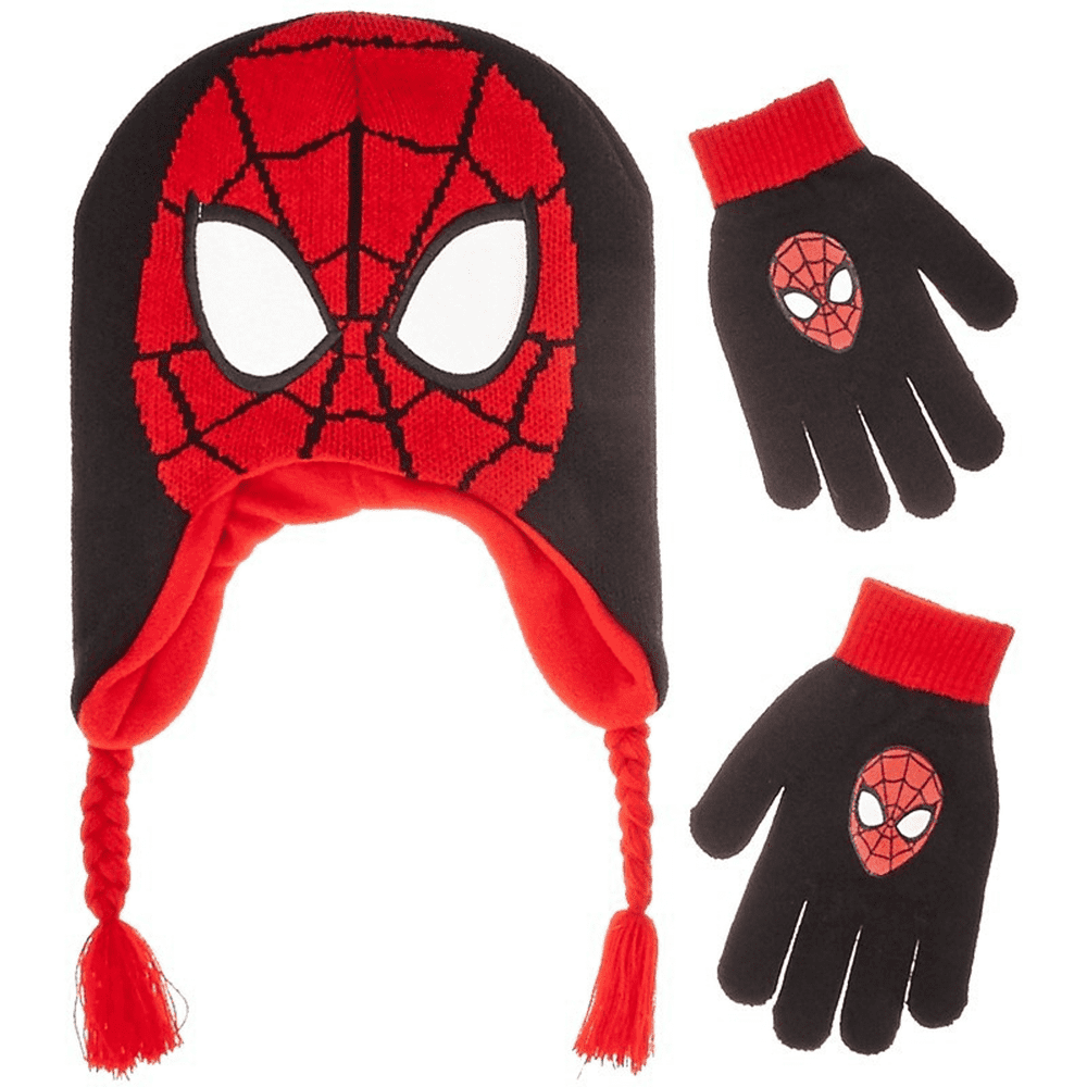 Marvel Ultimate SPIDERMAN Boys Earflap Winter Knit Hat and Gloves Set