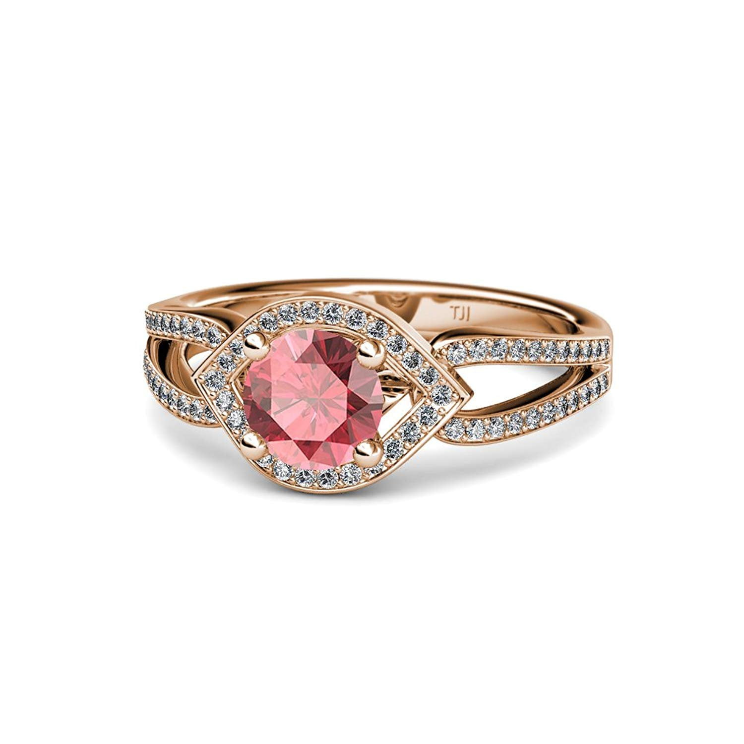 Pink Tourmaline and Diamond (SI2-I1, G-H) Eye Halo Engagement Ring 1.43 ct tw in 14K Rose Gold.size 8.5 by TriJewels