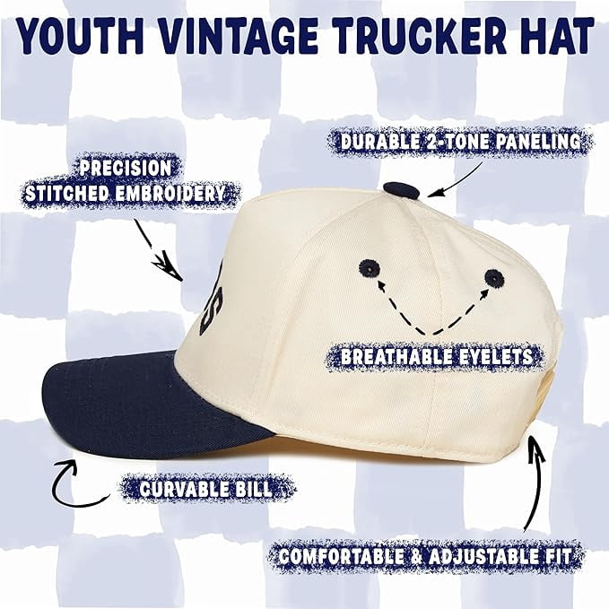 Funky Junque Kids Trucker Hat Baseball Cap - Two Tone Vintage Baby Baseball Cap, Infant Baseball Hat, Toddler Snapback Hat - Bubs - Navy/Beige (X-Small - 0-12 Months)