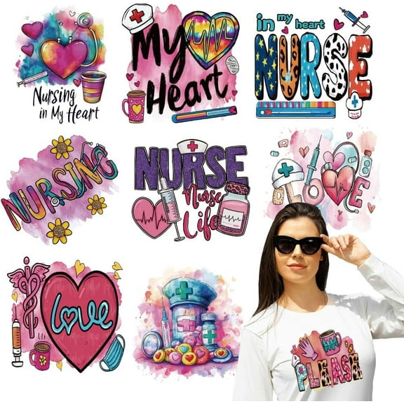 9 Pcs Nurse Theme Heat Transfer Film Logo Stickers Set 9 Styles Pink Nurse Heart Pattern Heat Transfer Stickers Iron on Decals for T-Shirts Patches Bags Hats DIY Crafts
