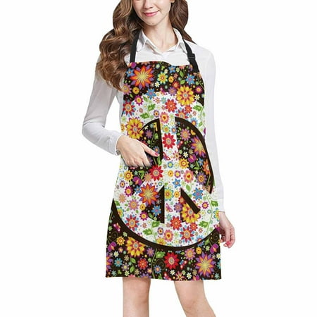 

ASHLEIGH Hippie Floral Peace Symbol with Various Flowers Home Kitchen Apron for Women Men with Pockets Unisex Adjustable Bib Apron for Cooking Baking Gardening