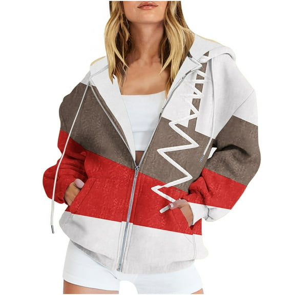Usmixi 2025 Sweatshirt Coat for Women Winter Women Hooded Outwear Tops Trendy Color Patchwork Drawstring Hoodies Sweatshirt Coat Fall Long Sleeve Open Front Zip Loose Jacket with Pocket Weekly
